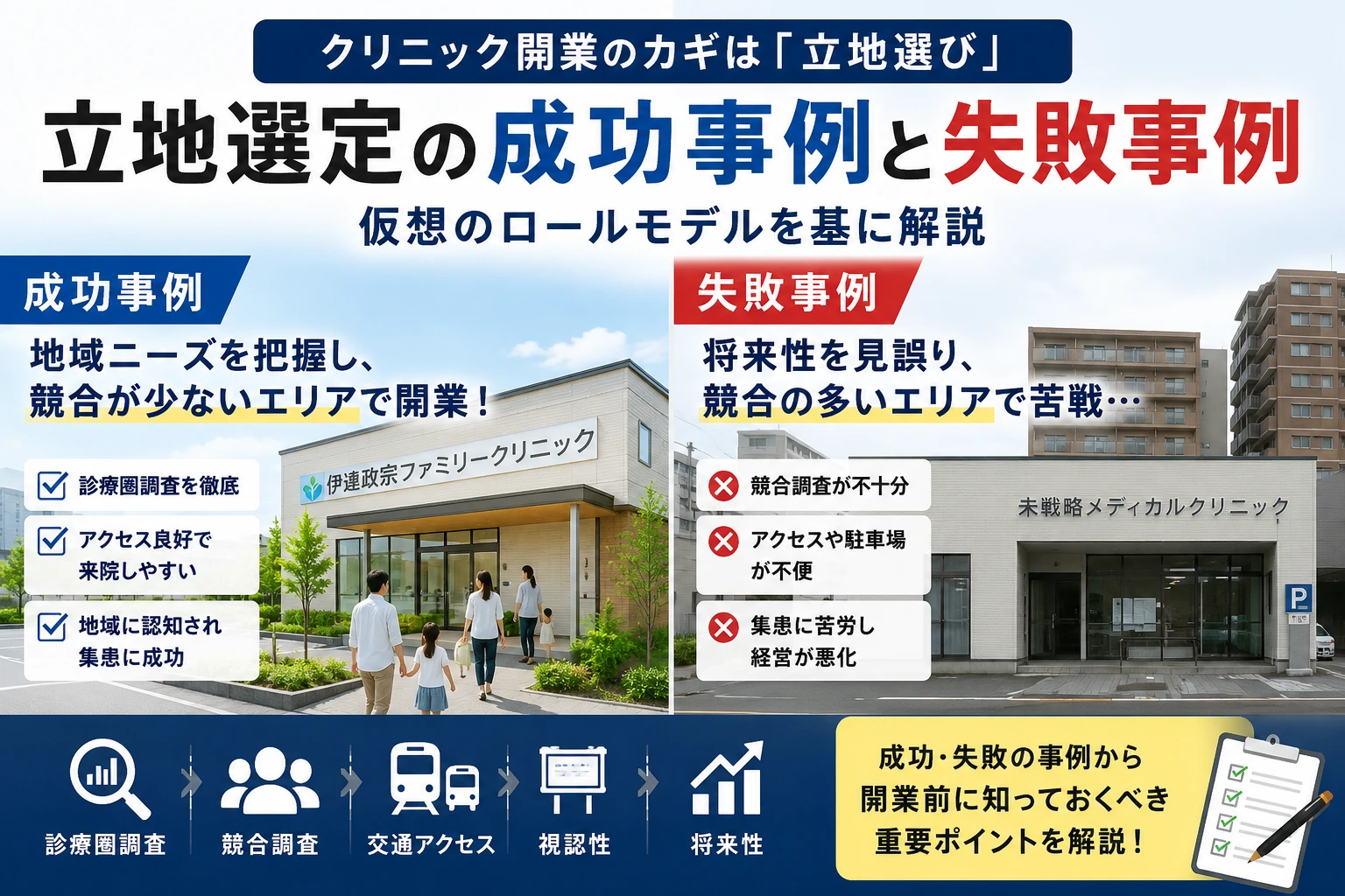 立地選定の成功事例と失敗事例を比較し、クリニック開業で失敗しないための立地選びのポイントを解説するイメージ画像。診療圏調査、競合調査、交通アクセス、視認性、将来性など重要な判断基準を紹介。