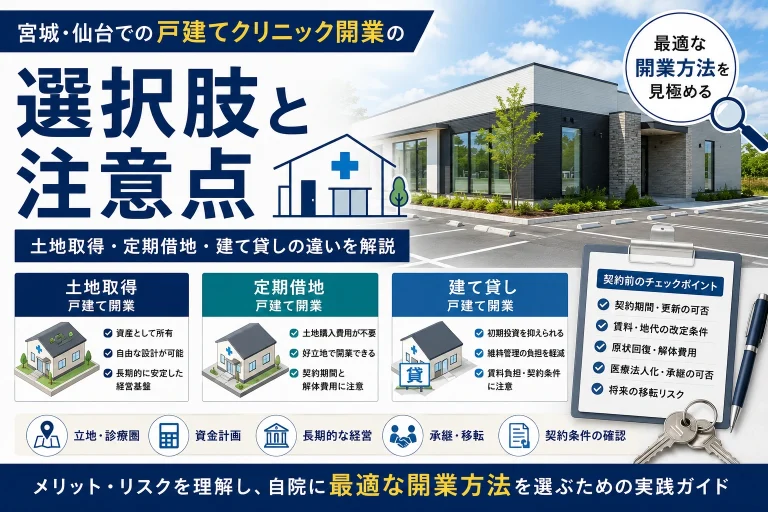 宮城・仙台で戸建てクリニックを開業する際の選択肢について、土地取得・定期借地・建て貸しの特徴や契約時の注意点を紹介したサムネイル画像。