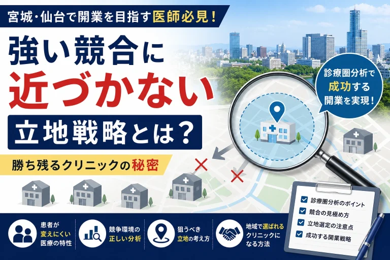 宮城・仙台でクリニックを開業する際の立地戦略について、強い競合を避ける考え方や診療圏分析の重要性を解説したサムネイル画像。