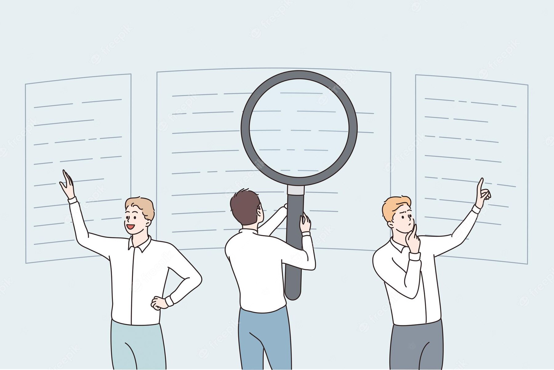 Three people in white shirts examine large document pages on boards, one holding a giant magnifying glass for inspection of the text content.