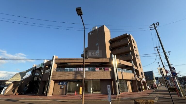 Corner brick building with storefronts on the ground floor, a curved tower on the right, and a clear blue sky above.